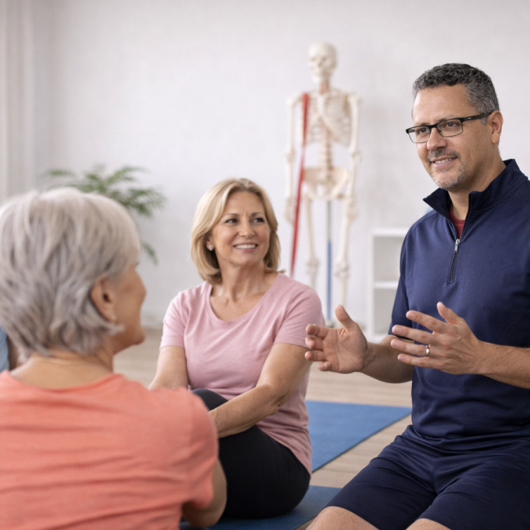 Drei Personen in einem Raum beim Gespräch über Bewegung und Gesundheit.