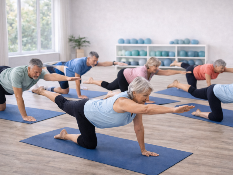 Erwachsene üben gemeinsam Rücken stärkende Bewegungen in einem hellen Raum auf Yogamatten.